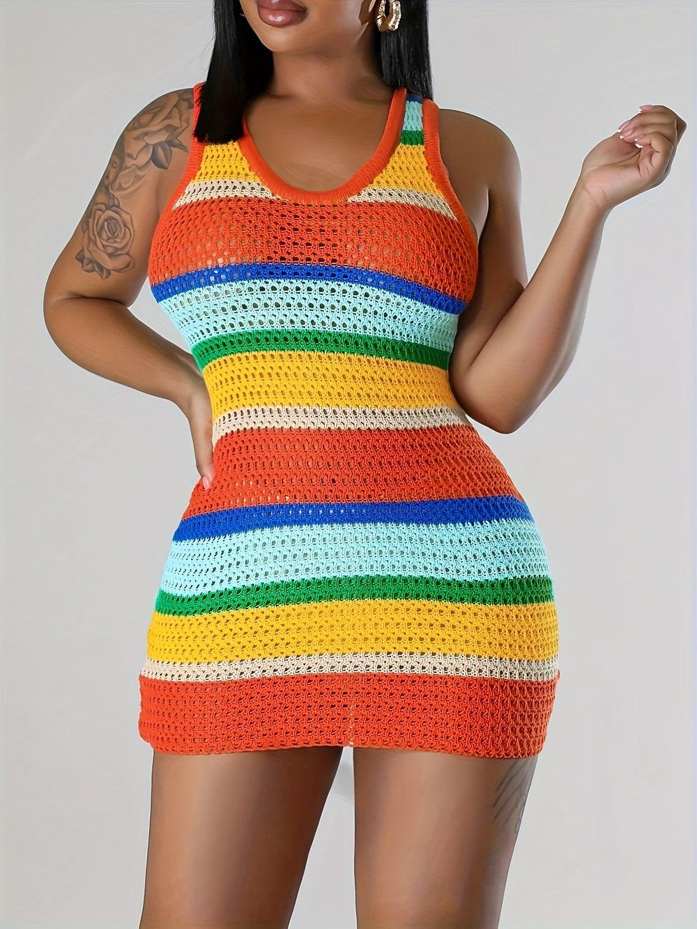 Women's Multicolored Sleeveless Beach Dress with High Stretch and Hollow Out Design - Perfect for Swimwear and Casual Wear-THAT FASHION STORE