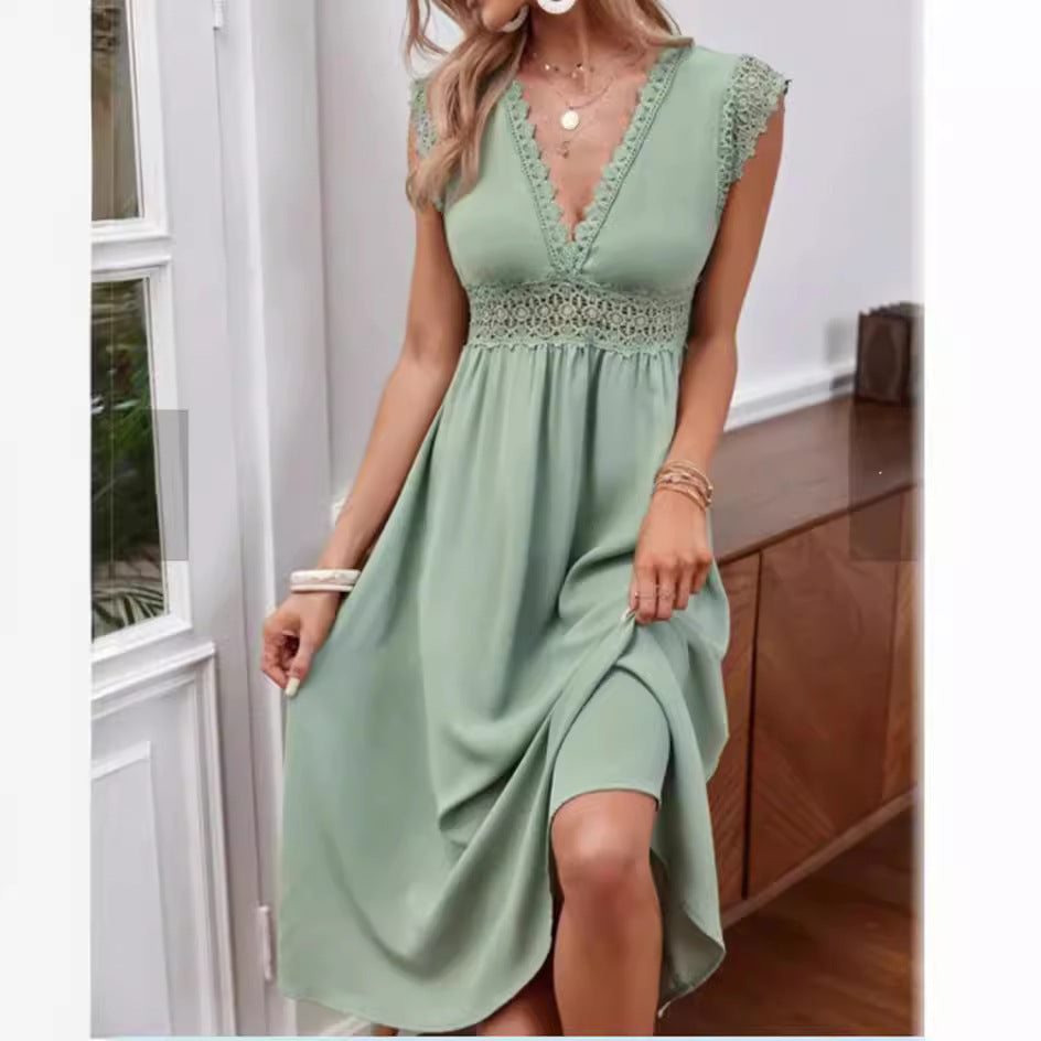 Elegant Women's Lace V-neck Hollow-out Solid Color Dress - THAT FASHION STORE