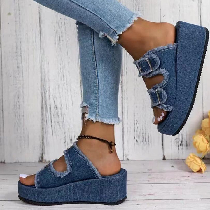 Fashion Denim Buckle Wedges Sandals Summer Outdoor High Heel Slippers Thick Bottom Camouflage Shoes For Women-THAT FASHION STORE