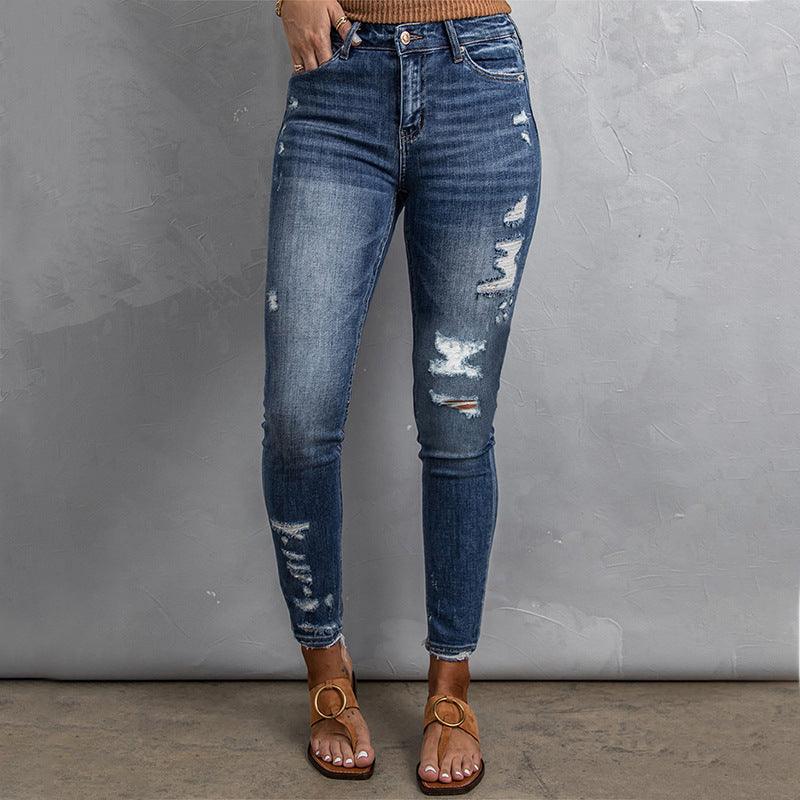 Casual Women's Fitted High Waist Frayed Washed Jeans-THAT FASHION STORE