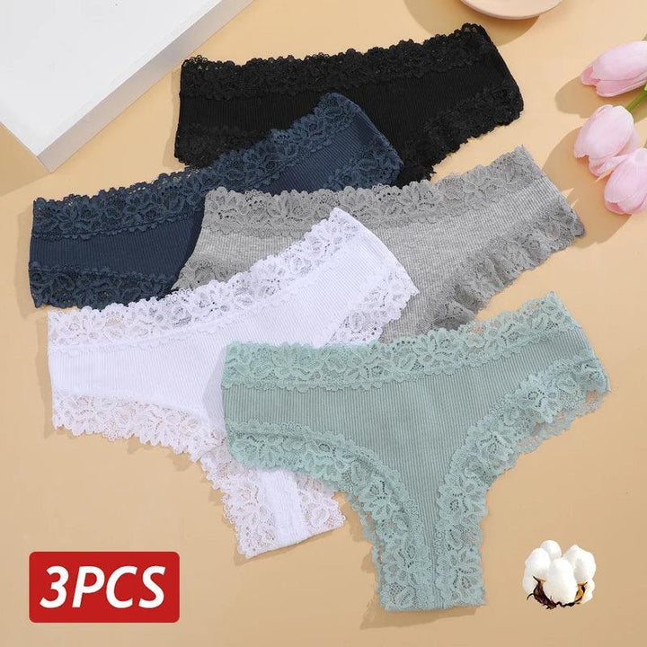 3PCS/Set Sexy Lace Seamless Cotton Brazilian Panties Women Ribbed Intimates Breathable Panties Low Waist Female Cotton Underwear-THAT FASHION STORE