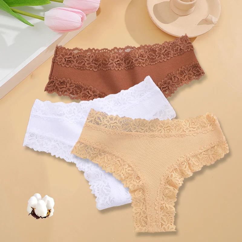 3PCS/Set Sexy Lace Seamless Cotton Brazilian Panties Women Ribbed Intimates Breathable Panties Low Waist Female Cotton Underwear-THAT FASHION STORE