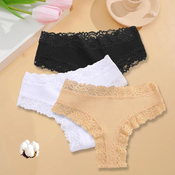 3PCS/Set Sexy Lace Seamless Cotton Brazilian Panties Women Ribbed Intimates Breathable Panties Low Waist Female Cotton Underwear-THAT FASHION STORE