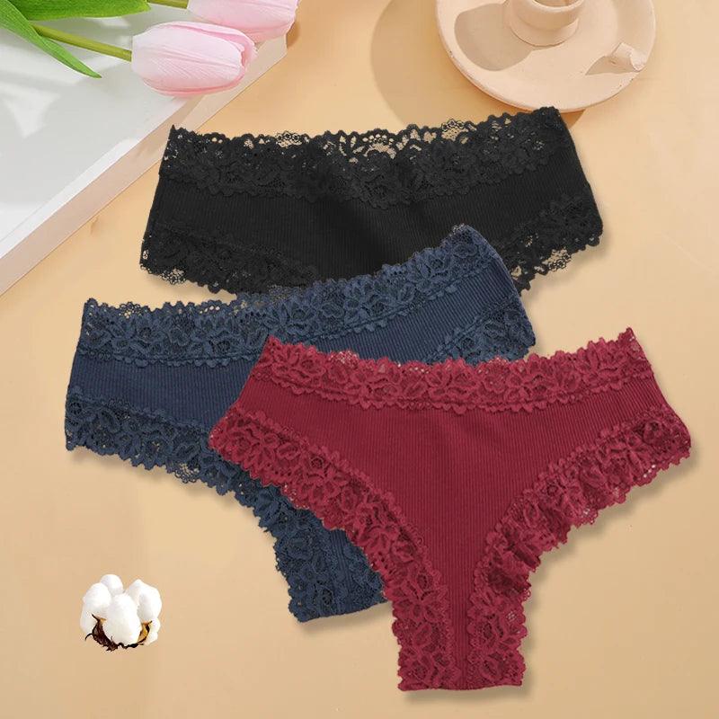 3PCS/Set Sexy Lace Seamless Cotton Brazilian Panties Women Ribbed Intimates Breathable Panties Low Waist Female Cotton Underwear-THAT FASHION STORE