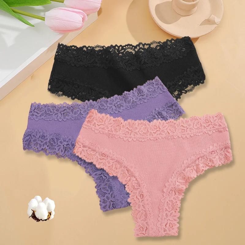 3PCS/Set Sexy Lace Seamless Cotton Brazilian Panties Women Ribbed Intimates Breathable Panties Low Waist Female Cotton Underwear-THAT FASHION STORE