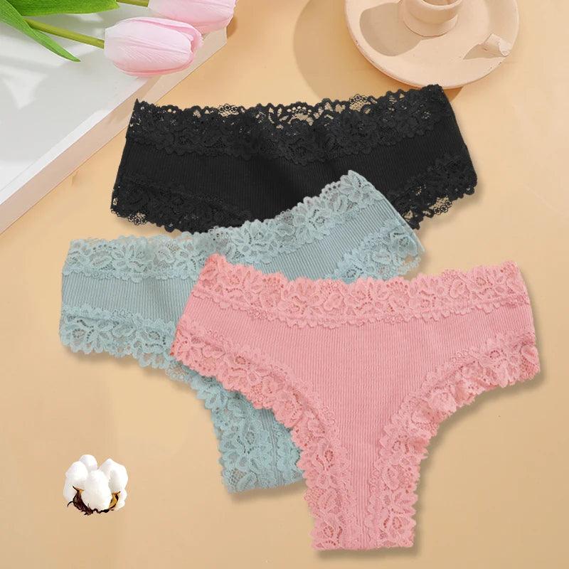 3PCS/Set Sexy Lace Seamless Cotton Brazilian Panties Women Ribbed Intimates Breathable Panties Low Waist Female Cotton Underwear-THAT FASHION STORE