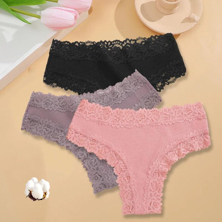 3PCS/Set Sexy Lace Seamless Cotton Brazilian Panties Women Ribbed Intimates Breathable Panties Low Waist Female Cotton Underwear-THAT FASHION STORE