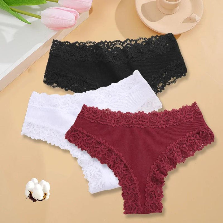 3PCS/Set Sexy Lace Seamless Cotton Brazilian Panties Women Ribbed Intimates Breathable Panties Low Waist Female Cotton Underwear-THAT FASHION STORE