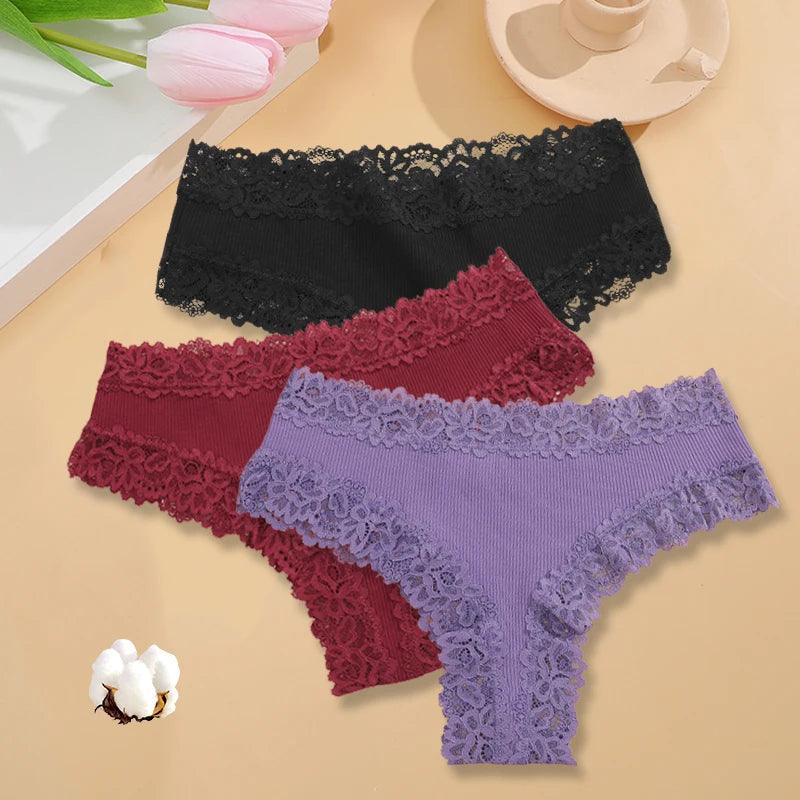 3PCS/Set Sexy Lace Seamless Cotton Brazilian Panties Women Ribbed Intimates Breathable Panties Low Waist Female Cotton Underwear-THAT FASHION STORE