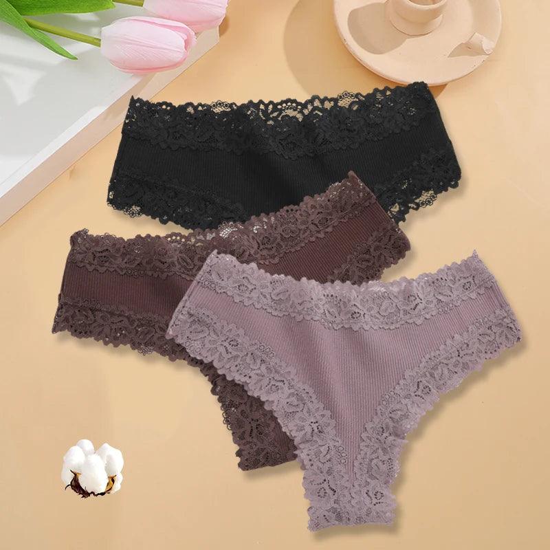 3PCS/Set Sexy Lace Seamless Cotton Brazilian Panties Women Ribbed Intimates Breathable Panties Low Waist Female Cotton Underwear-THAT FASHION STORE