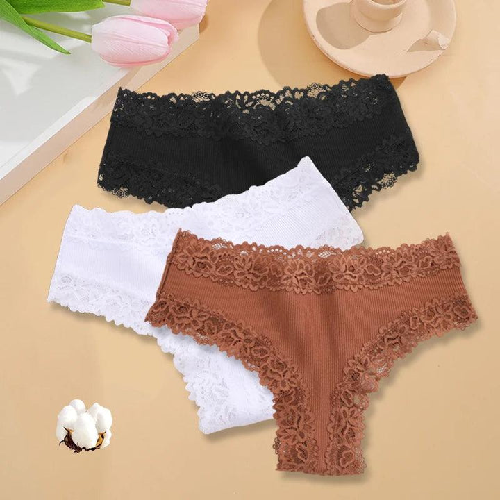 3PCS/Set Sexy Lace Seamless Cotton Brazilian Panties Women Ribbed Intimates Breathable Panties Low Waist Female Cotton Underwear-THAT FASHION STORE