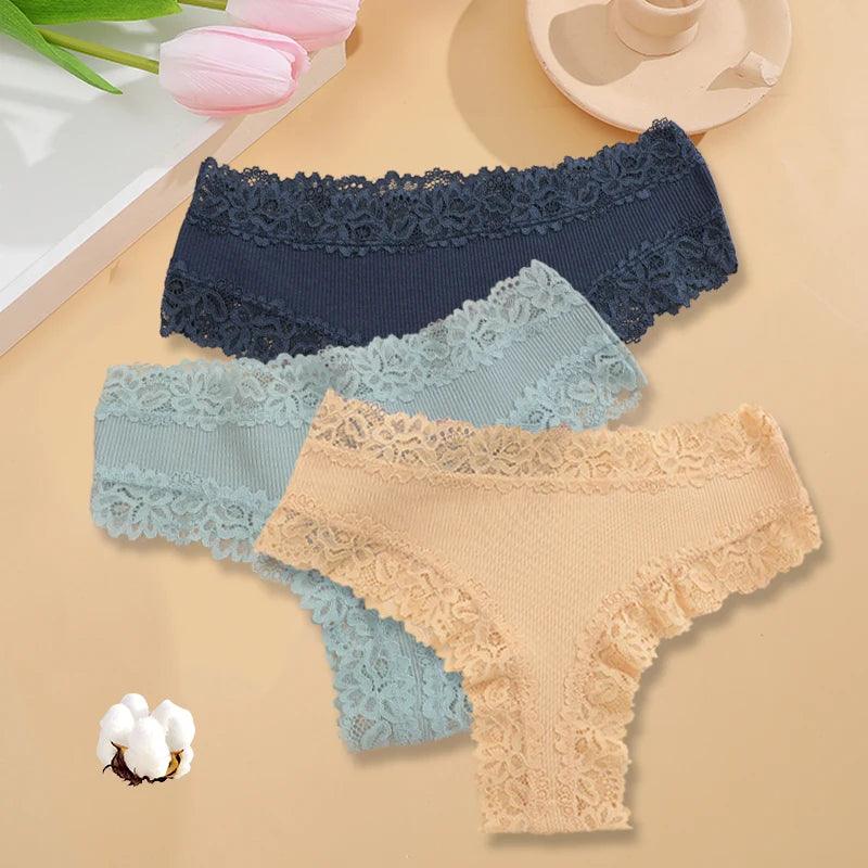 3PCS/Set Sexy Lace Seamless Cotton Brazilian Panties Women Ribbed Intimates Breathable Panties Low Waist Female Cotton Underwear-THAT FASHION STORE