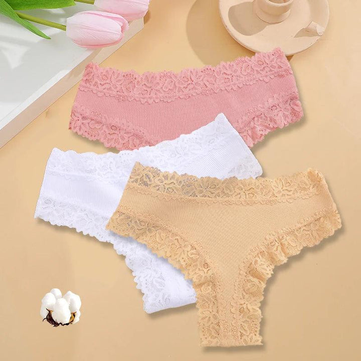 3PCS/Set Sexy Lace Seamless Cotton Brazilian Panties Women Ribbed Intimates Breathable Panties Low Waist Female Cotton Underwear-THAT FASHION STORE