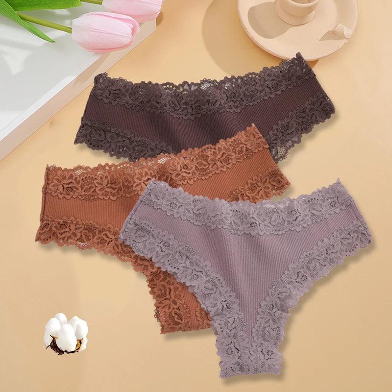 3PCS/Set Sexy Lace Seamless Cotton Brazilian Panties Women Ribbed Intimates Breathable Panties Low Waist Female Cotton Underwear-THAT FASHION STORE