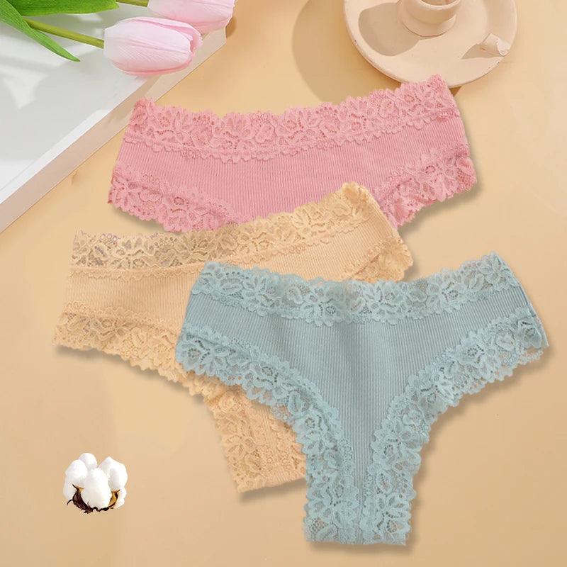 3PCS/Set Sexy Lace Seamless Cotton Brazilian Panties Women Ribbed Intimates Breathable Panties Low Waist Female Cotton Underwear-THAT FASHION STORE