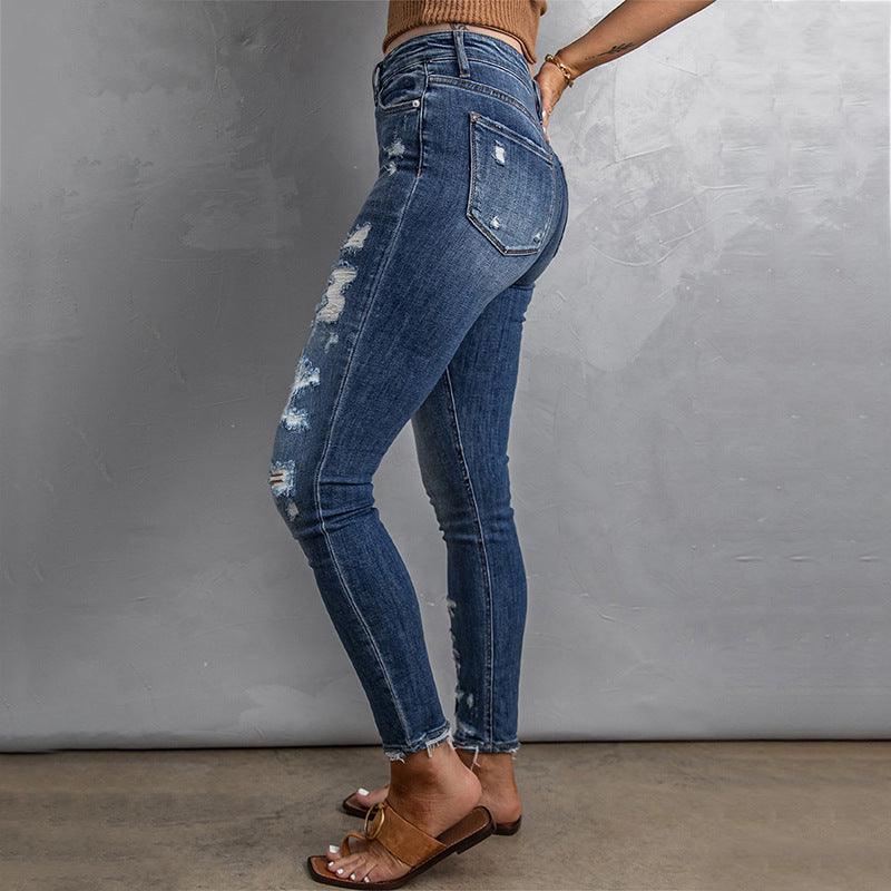 Casual Women's Fitted High Waist Frayed Washed Jeans-THAT FASHION STORE