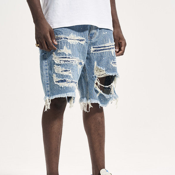 High Street Patch Ripped Washed Distressed Men's Denim Shorts-THAT FASHION STORE