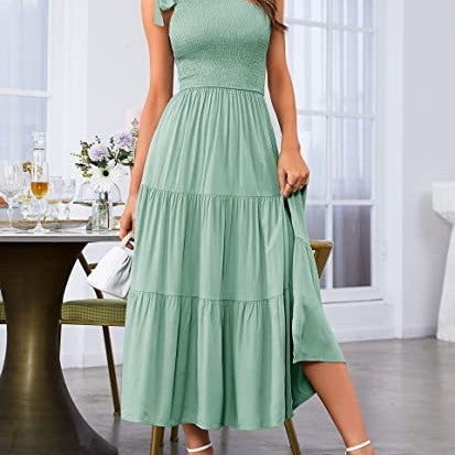 Chic Asymmetrical One-Shoulder Maxi Dress with Pleated Layered Hem and Side Slits - THAT FASHION STORE