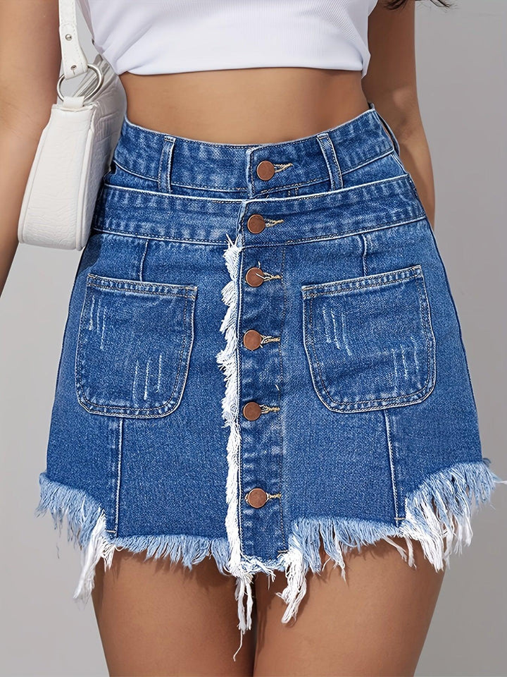 Women's High-Waisted Denim Shorts Skirted Shorts, Distressed Fringe Raw Hem Skorts, Elastic Waist, Loose Fit, Slimming, Preppy Style, Casual Summer Fashion-THAT FASHION STORE