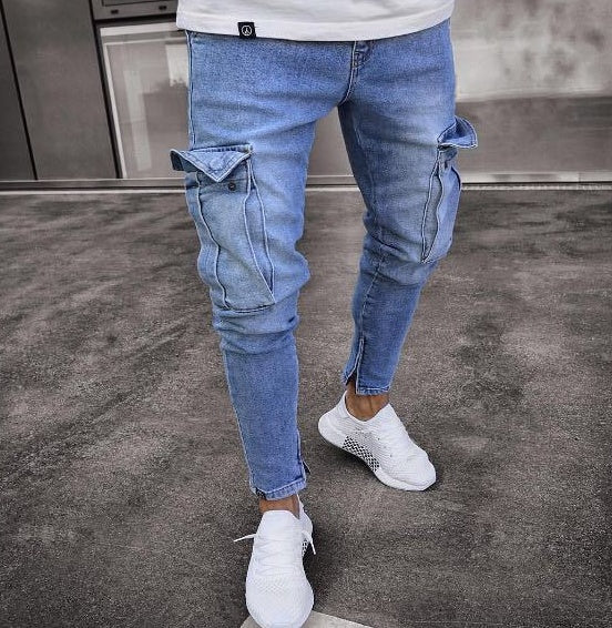 Light Blue Cargo Denim Tapered Jeans for Men - THAT FASHION STORE