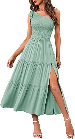 Chic Asymmetrical One-Shoulder Maxi Dress with Pleated Layered Hem and Side Slits - THAT FASHION STORE