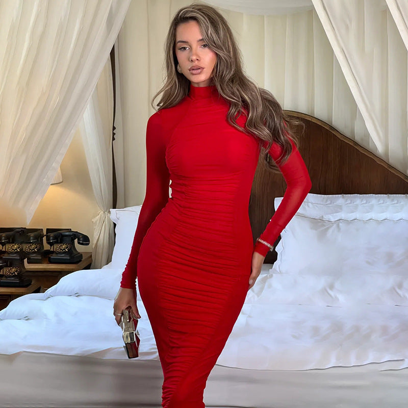 Women's Sexy Mesh Long-sleeve Round-collar Dress - THAT FASHION STORE