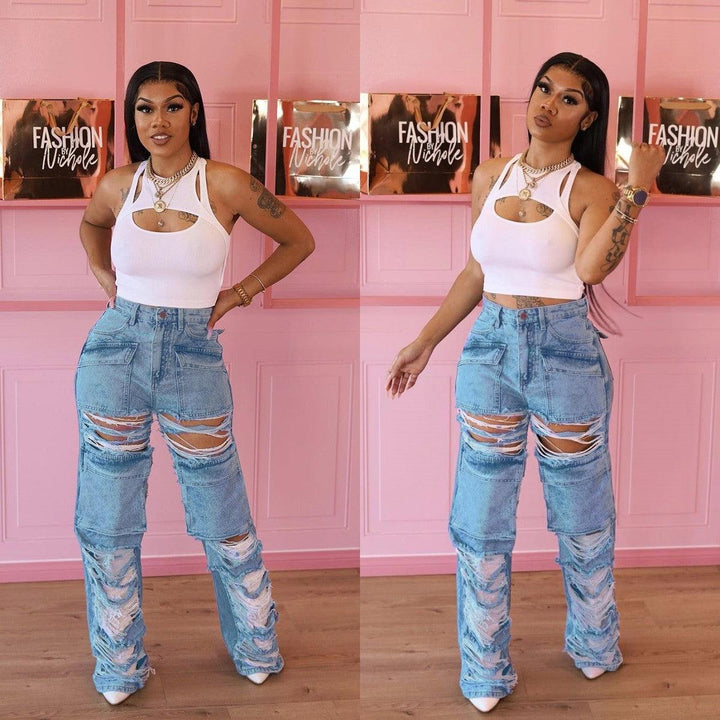 Women's High Waist Zipper Straight Ripped Jeans-THAT FASHION STORE