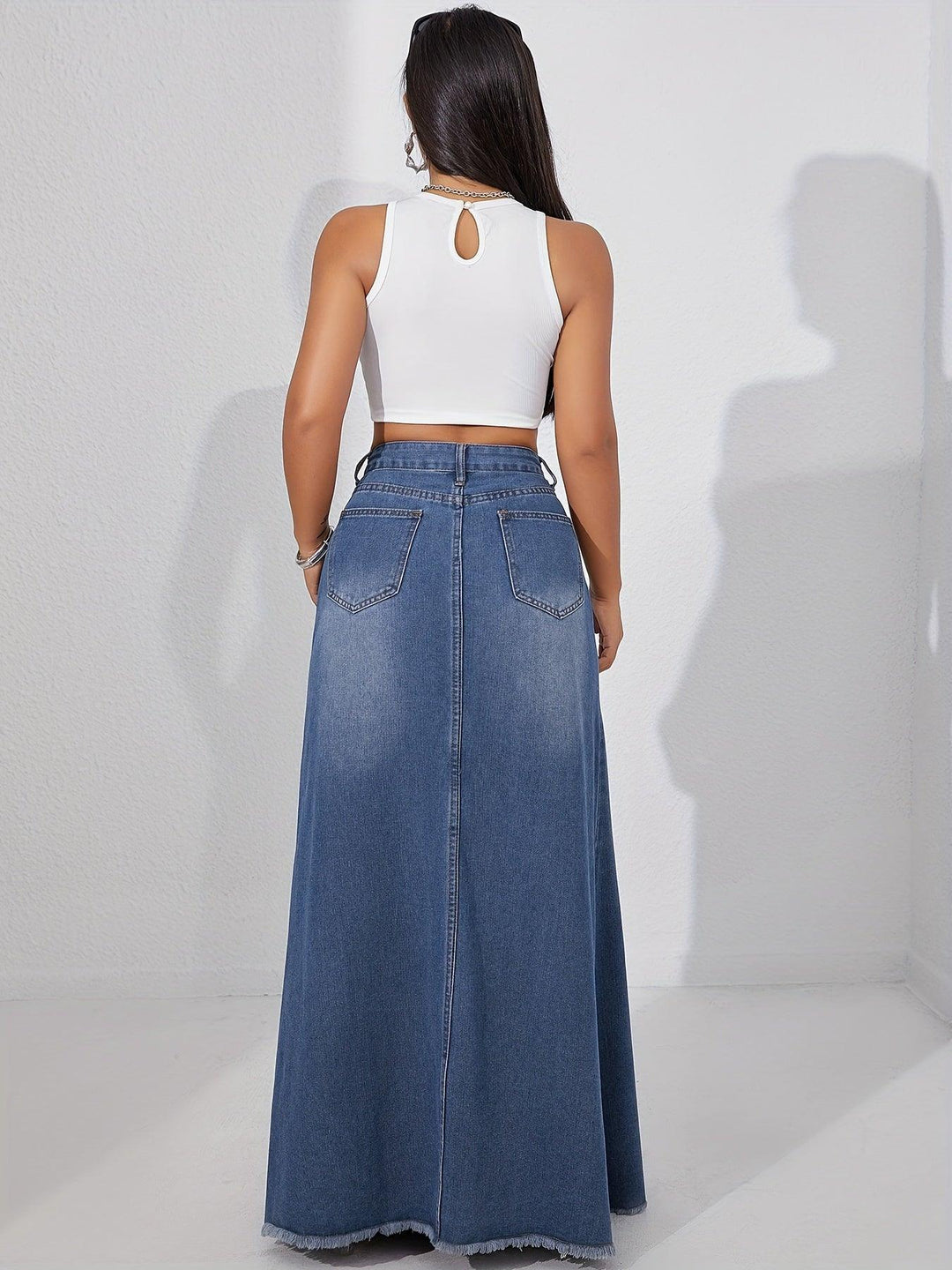 Women's Casual Style Plain Denim Maxi Skirt, Non-Stretch A-Line Jean Long Skirt With Frayed Hem for autumn-THAT FASHION STORE