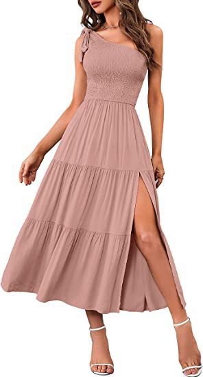 Chic Asymmetrical One-Shoulder Maxi Dress with Pleated Layered Hem and Side Slits - THAT FASHION STORE