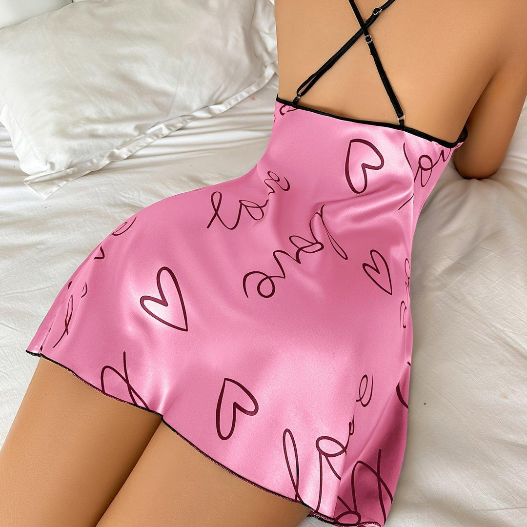 Women's Heart & Letter Print Satin Slip Nightdress - Backless Sleep Mini Dress for Comfortable Sleep & Stylish Look-THAT FASHION STORE