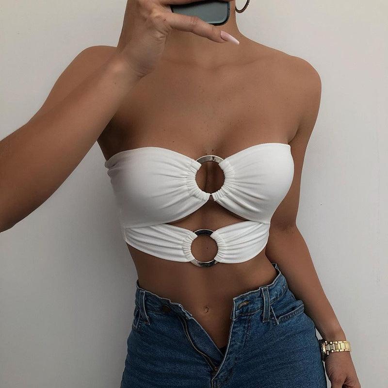 Metal Ring Tube Top Women Wrapped Chest Solid Color Texture Pleated Top-THAT FASHION STORE