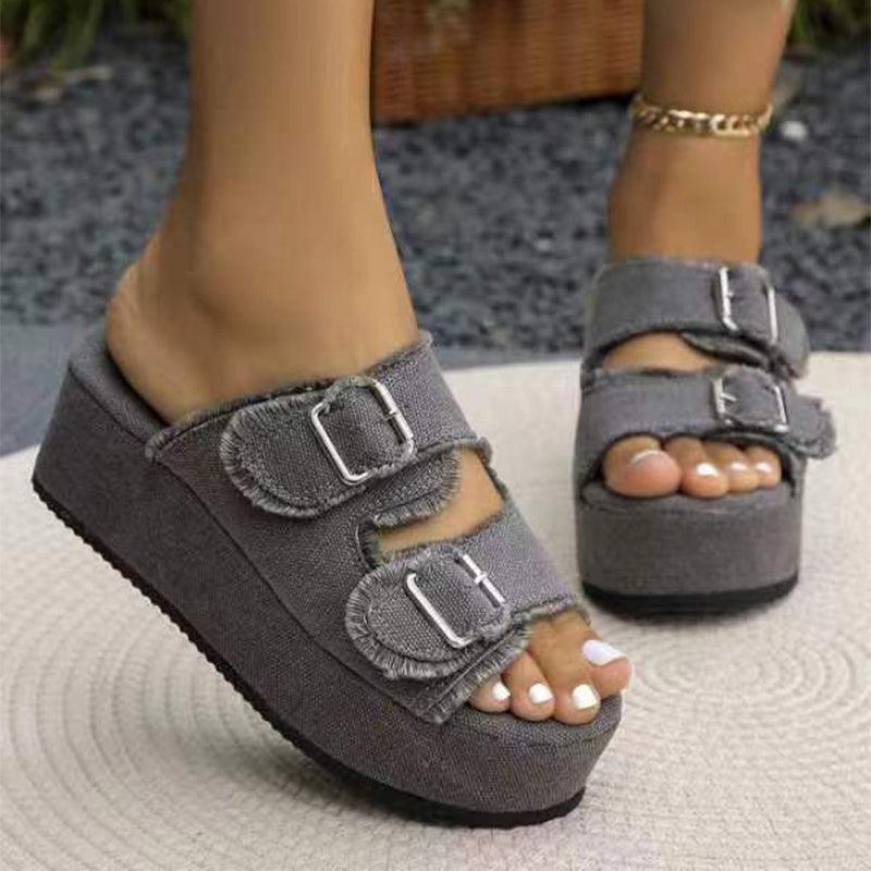 Fashion Denim Buckle Wedges Sandals Summer Outdoor High Heel Slippers Thick Bottom Camouflage Shoes For Women-THAT FASHION STORE