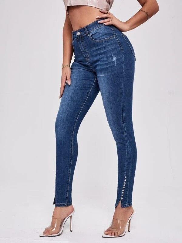 Slim Fit Patchwork High Waist Stretch Jeans-THAT FASHION STORE