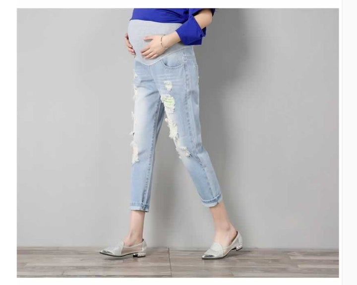 Summer Stylish Maternity Distressed Denim 7/8 Pants - Loose Fit Stretch Jeans - THAT FASHION STORE