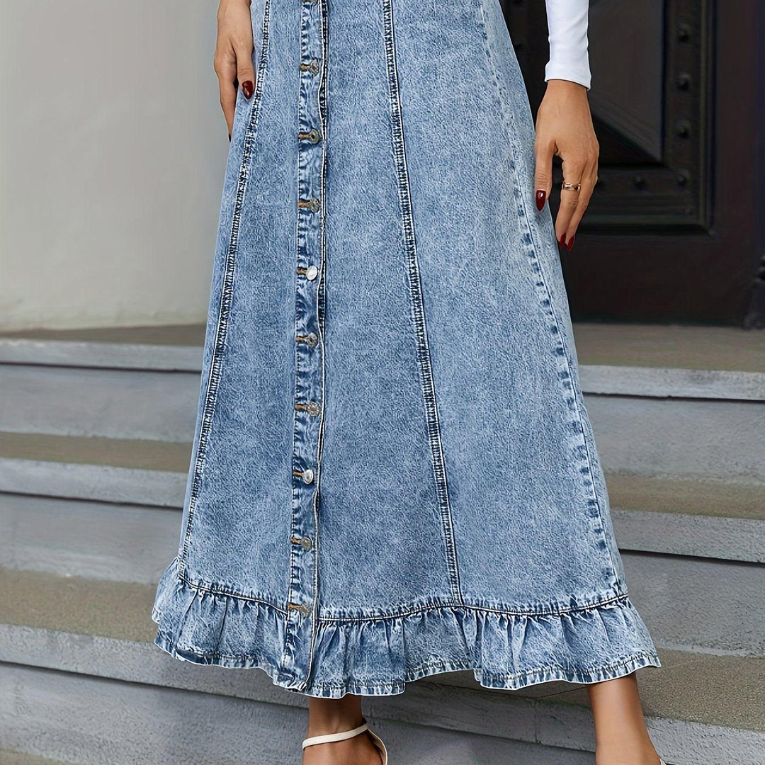 Blue Ruffle Hem Denim Midi Skirt, Single Breasted Button Washed Elegant Denim Skirt, Women's Denim Clothing-THAT FASHION STORE