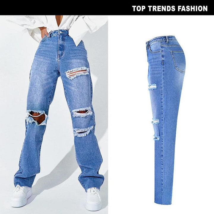 Women's High Waist Straight Ripped Jeans-THAT FASHION STORE