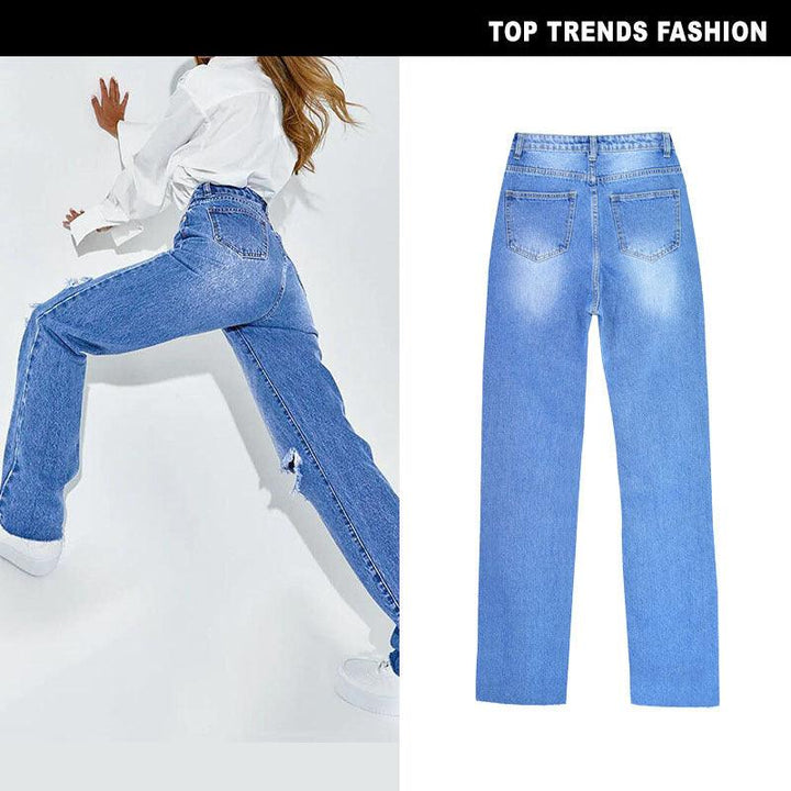 Women's High Waist Straight Ripped Jeans-THAT FASHION STORE