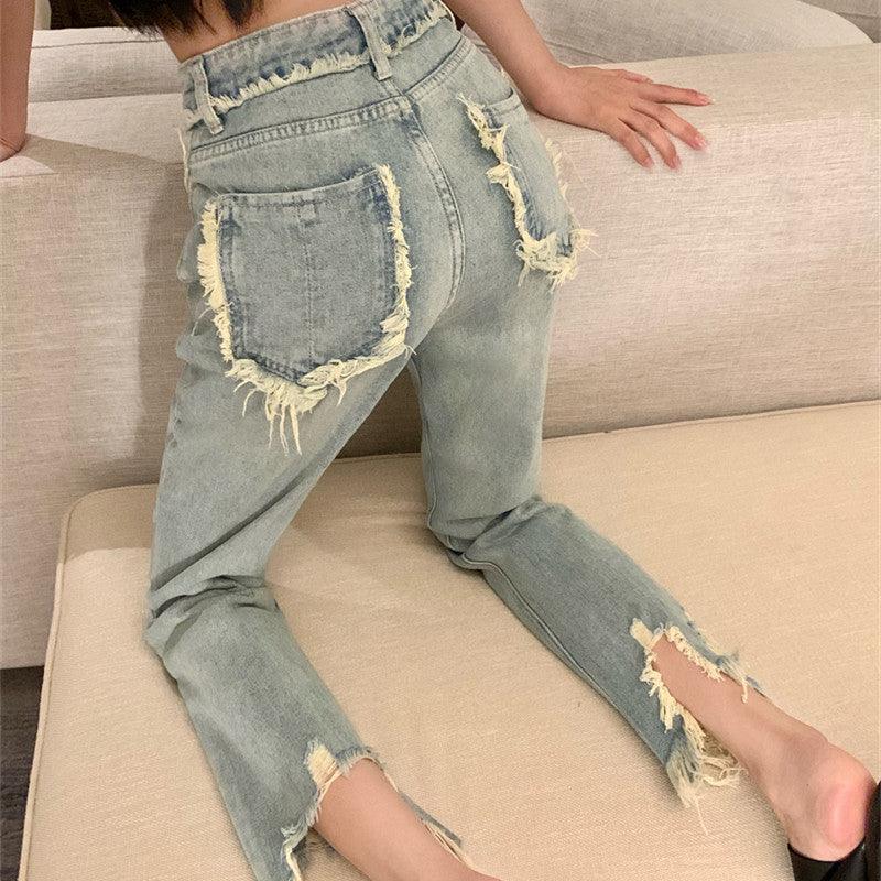 Women's Ripped Raw Fringed Straight Leg Jeans-THAT FASHION STORE