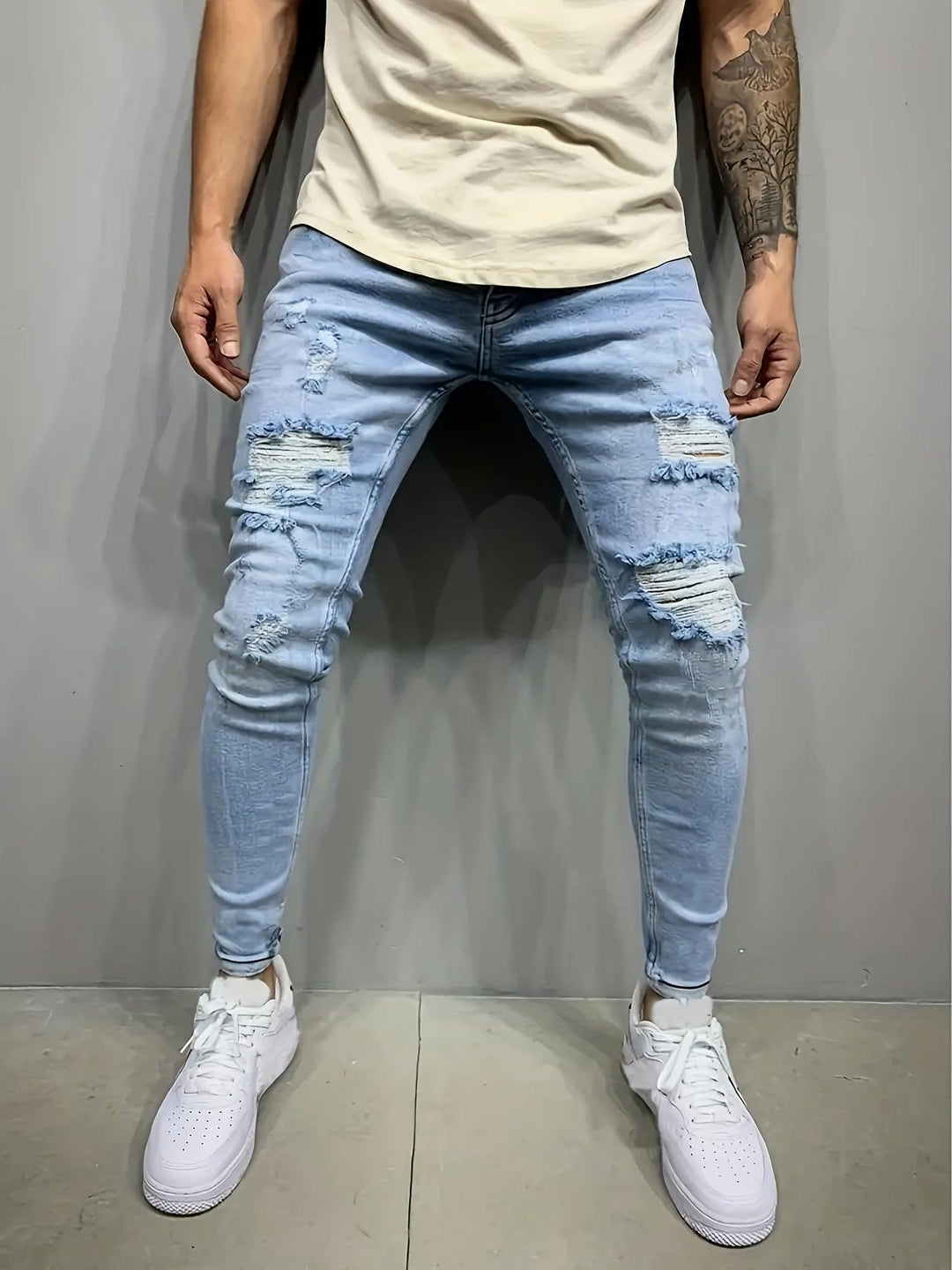 Men's Cotton Blend Ripped Distressed Jeans, Chic Street Style Slim Fit Bottoms For Men, All Seasons-THAT FASHION STORE