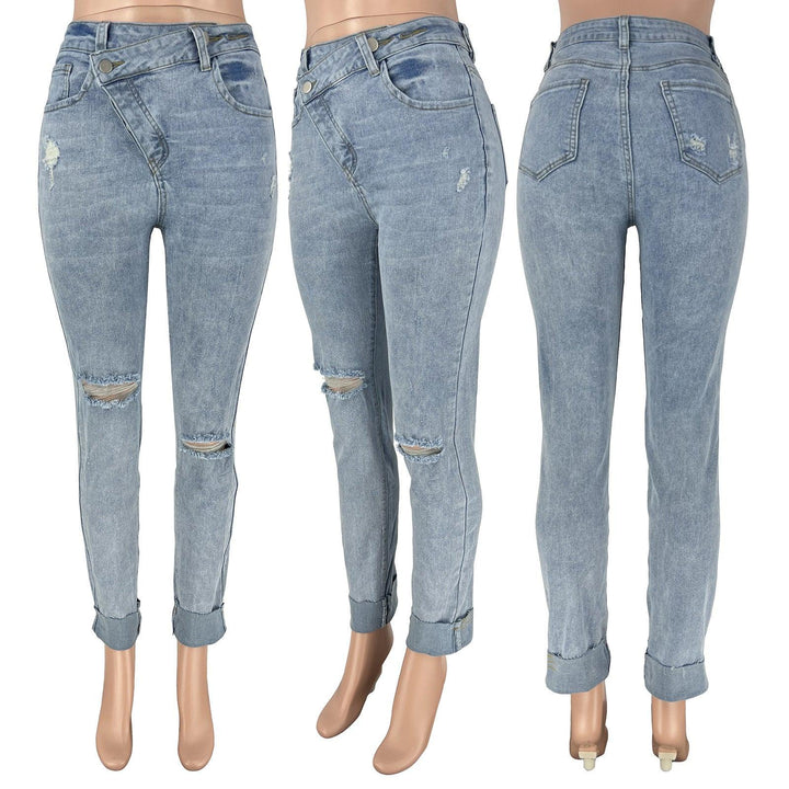 Women's Ripped Diagonal Buckle Stretch Jeans-THAT FASHION STORE