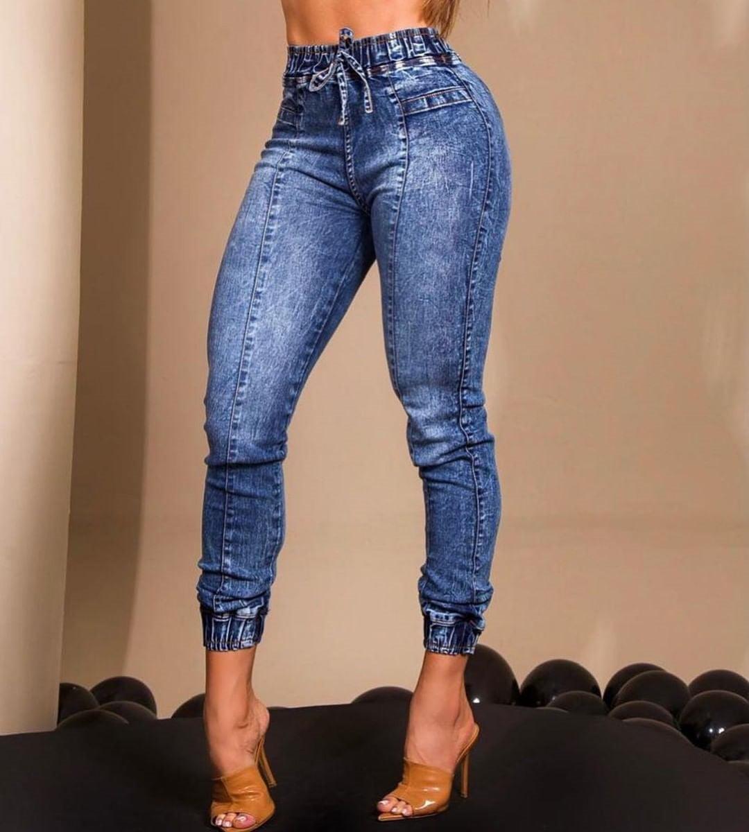 Women's Elastic Waist Lace Up Slim Fit Jeans-THAT FASHION STORE