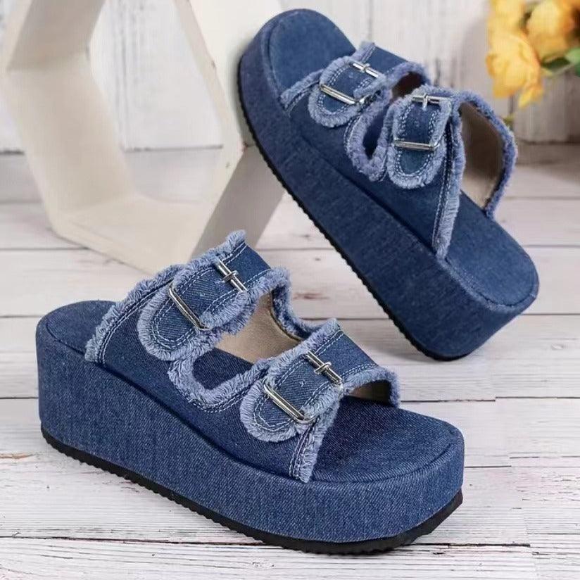 Fashion Denim Buckle Wedges Sandals Summer Outdoor High Heel Slippers Thick Bottom Camouflage Shoes For Women-THAT FASHION STORE