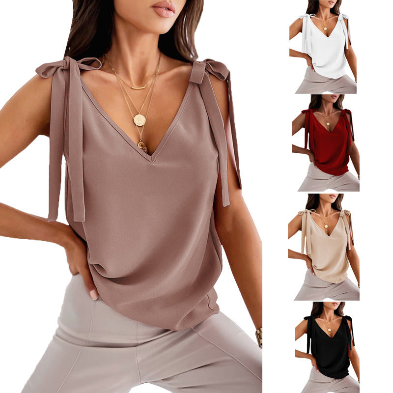 Bowknot Tie Up Camisole V-neck Shirts Women Summer Sleeveless Tank Tops - THAT FASHION STORE