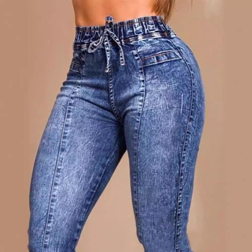 Women's Elastic Waist Lace Up Slim Fit Jeans-THAT FASHION STORE