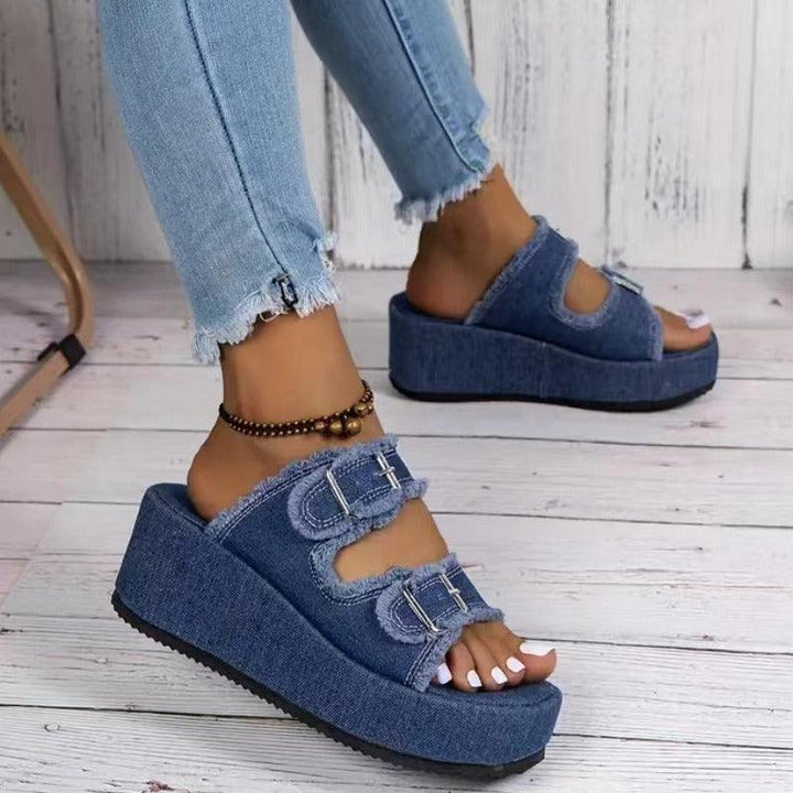 Fashion Denim Buckle Wedges Sandals Summer Outdoor High Heel Slippers Thick Bottom Camouflage Shoes For Women-THAT FASHION STORE