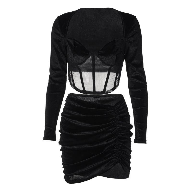 Winter Stitched Navel Top Slim Pleated Skirt Suit Women-THAT FASHION STORE