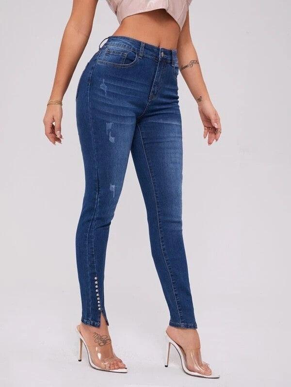 Slim Fit Patchwork High Waist Stretch Jeans-THAT FASHION STORE