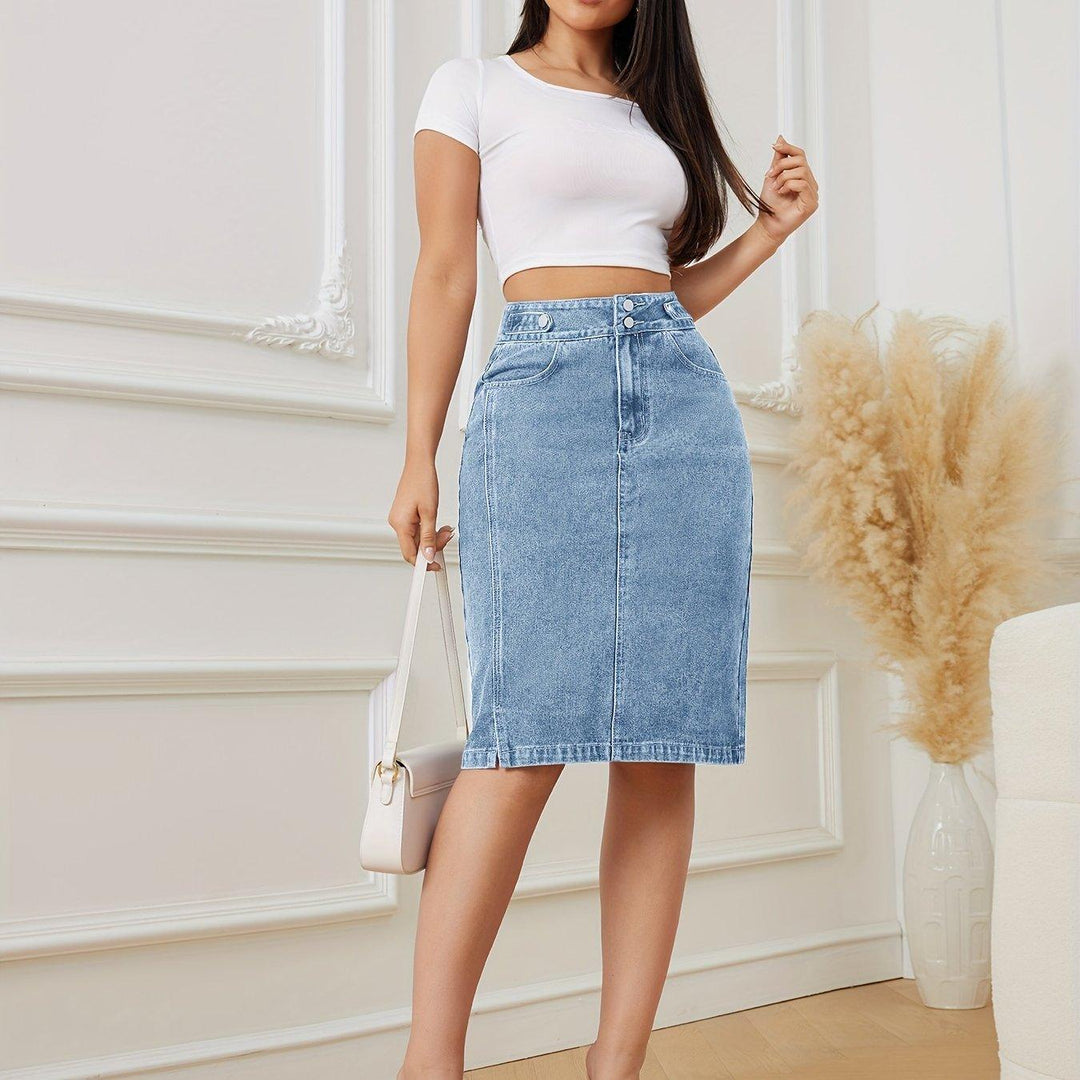 Vintage Plain High Rise Denim Midi Skirt, Double Buttons Slash Pocket Elegant Denim Skirts-THAT FASHION STORE