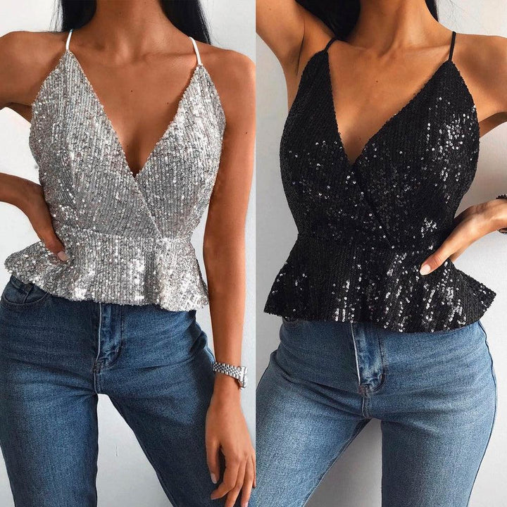 Women Sexy Luxury Sequined Crop Top Peplum Sleeveless Cropp-THAT FASHION STORE