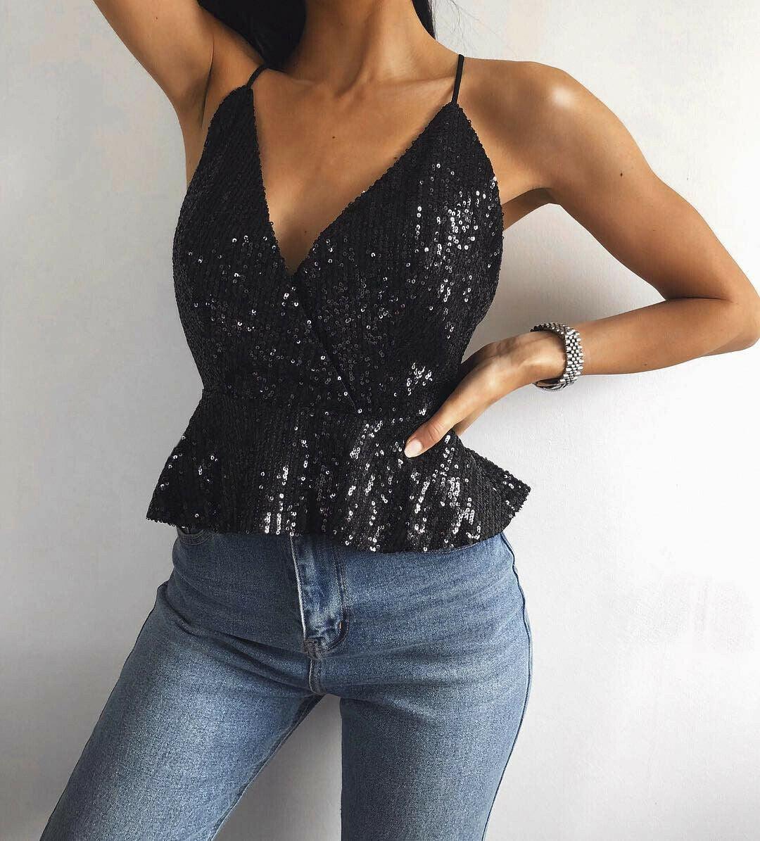 Women Sexy Luxury Sequined Crop Top Peplum Sleeveless Cropp-THAT FASHION STORE